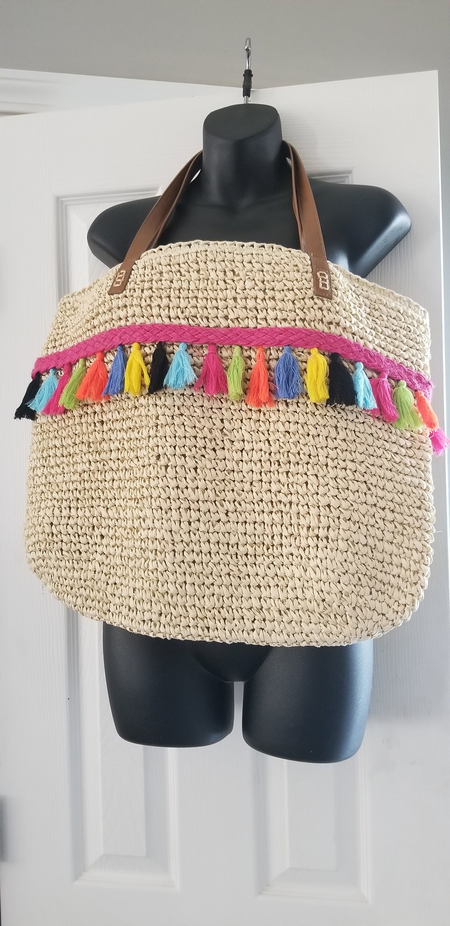 INC. women's handbag straw with multicolor tassels Beach Please extra large. Condition is NWOT