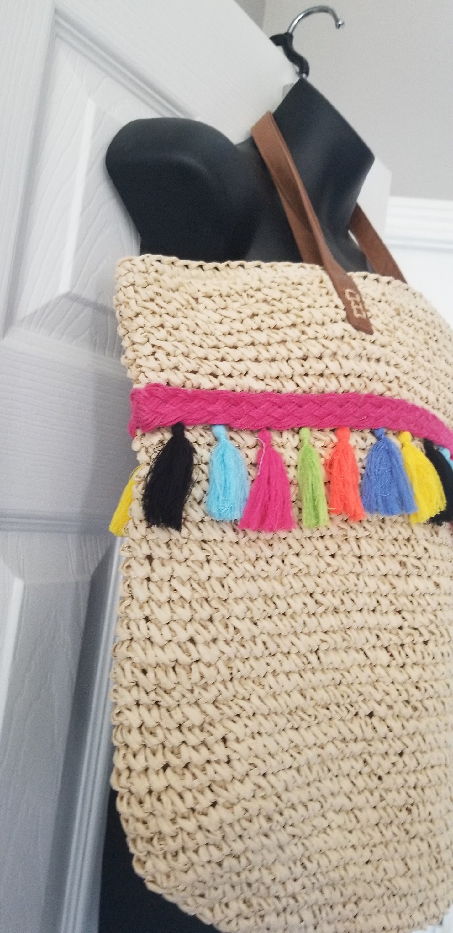 INC. women's handbag straw with multicolor tassels Beach Please extra large. Condition is NWOT