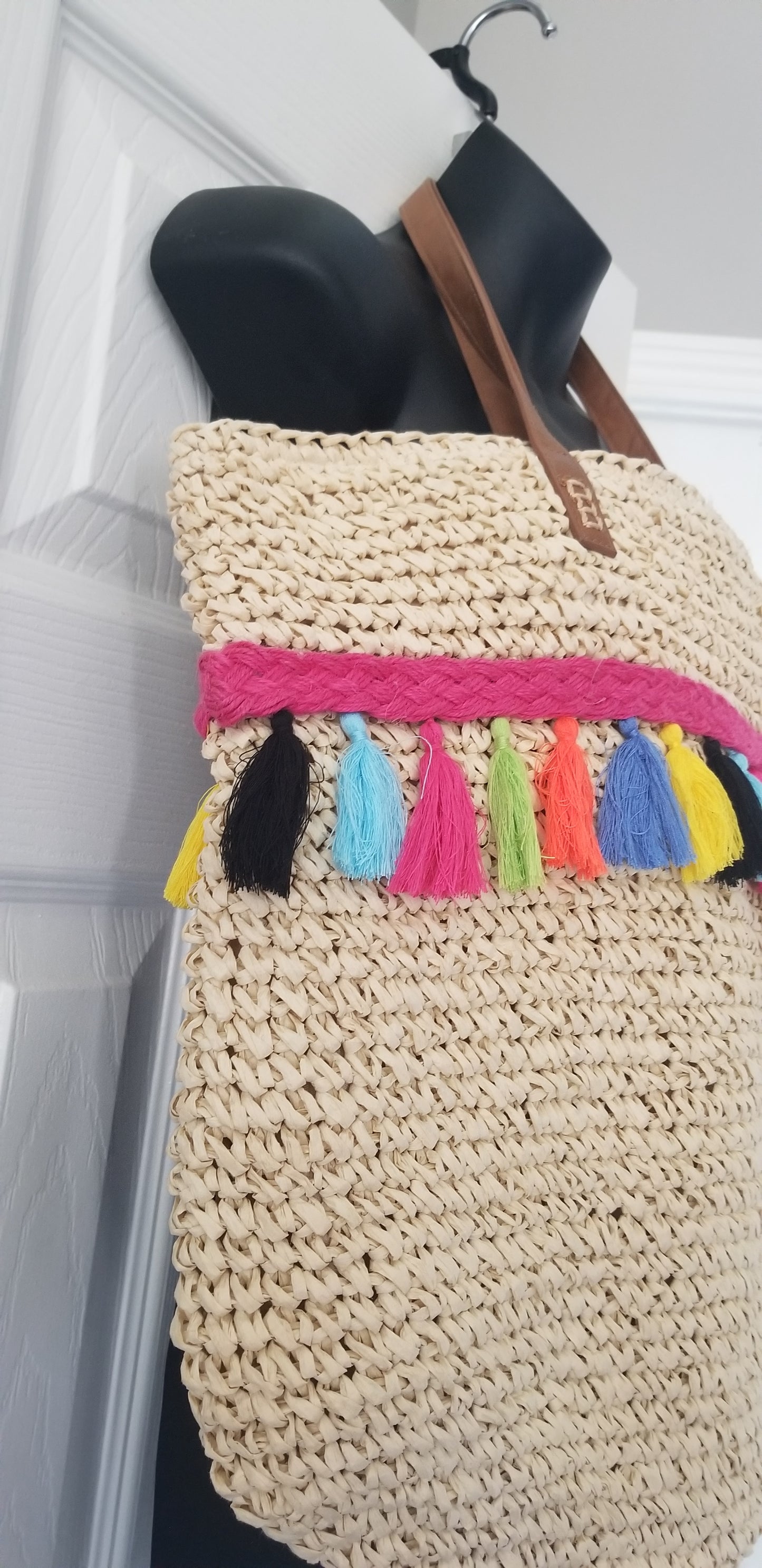 INC. women's handbag straw with multicolor tassels Beach Please extra large. Condition is NWOT