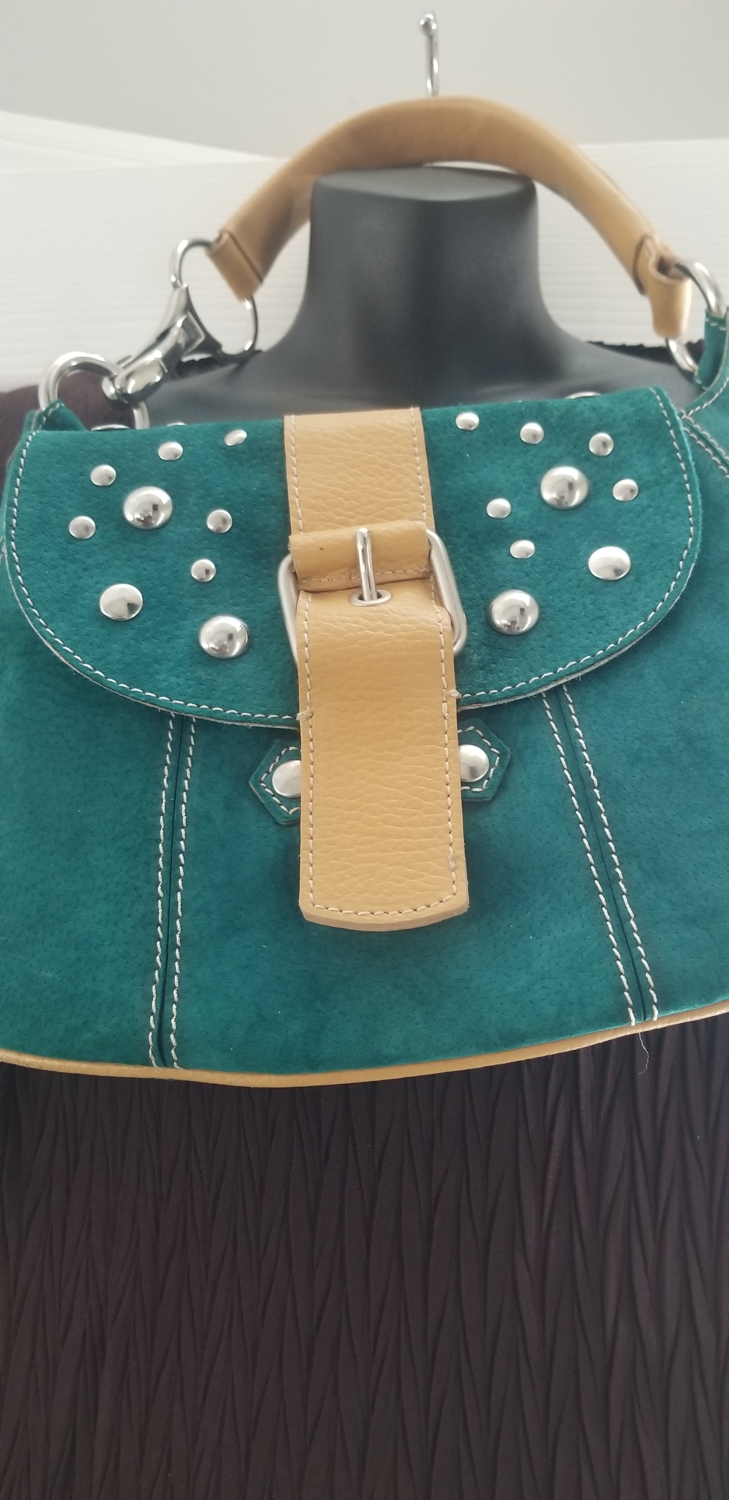 Paravidino women's handbag green suede genuine leather trim hobo