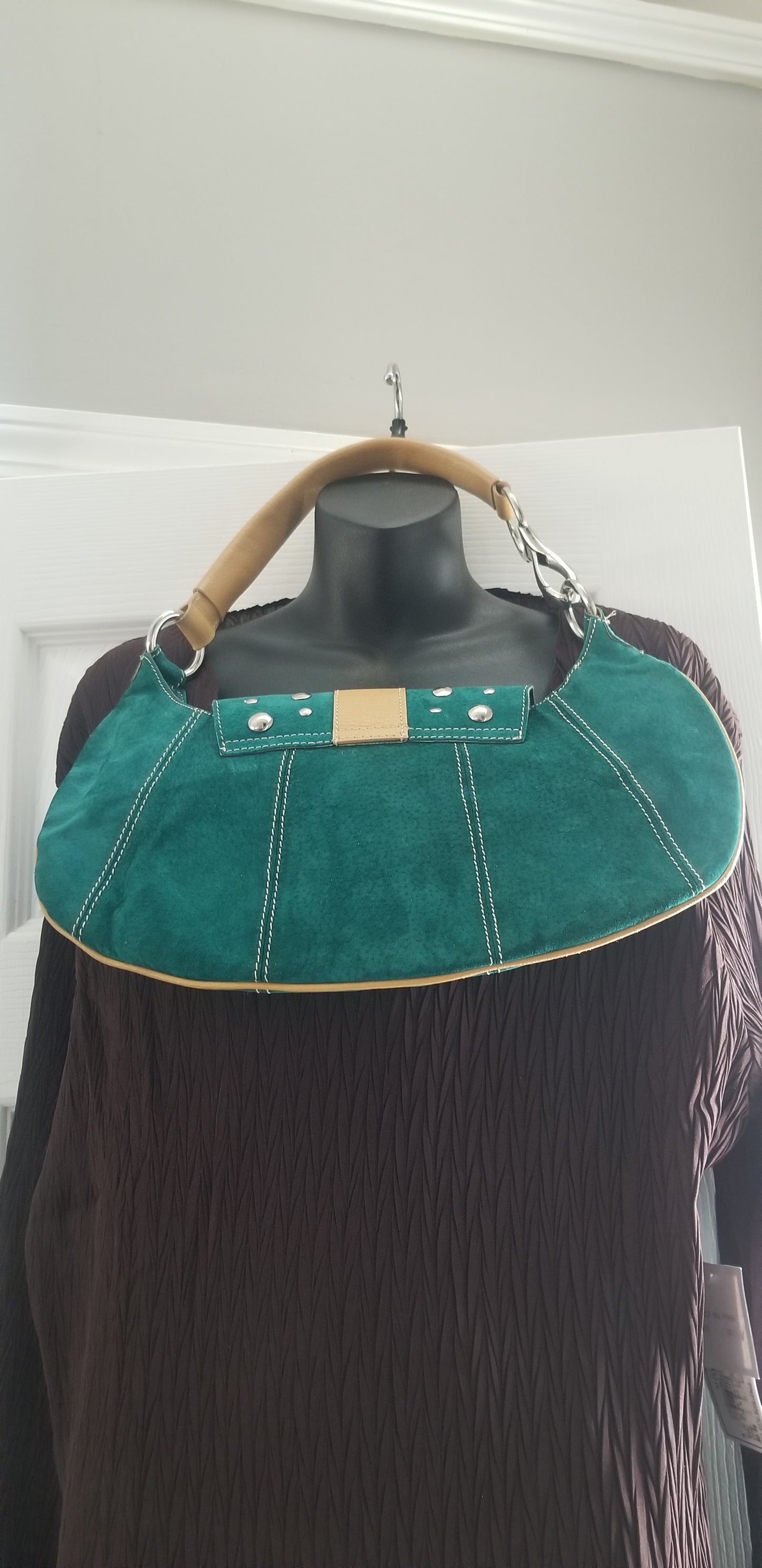 Paravidino women's handbag green suede genuine leather trim hobo