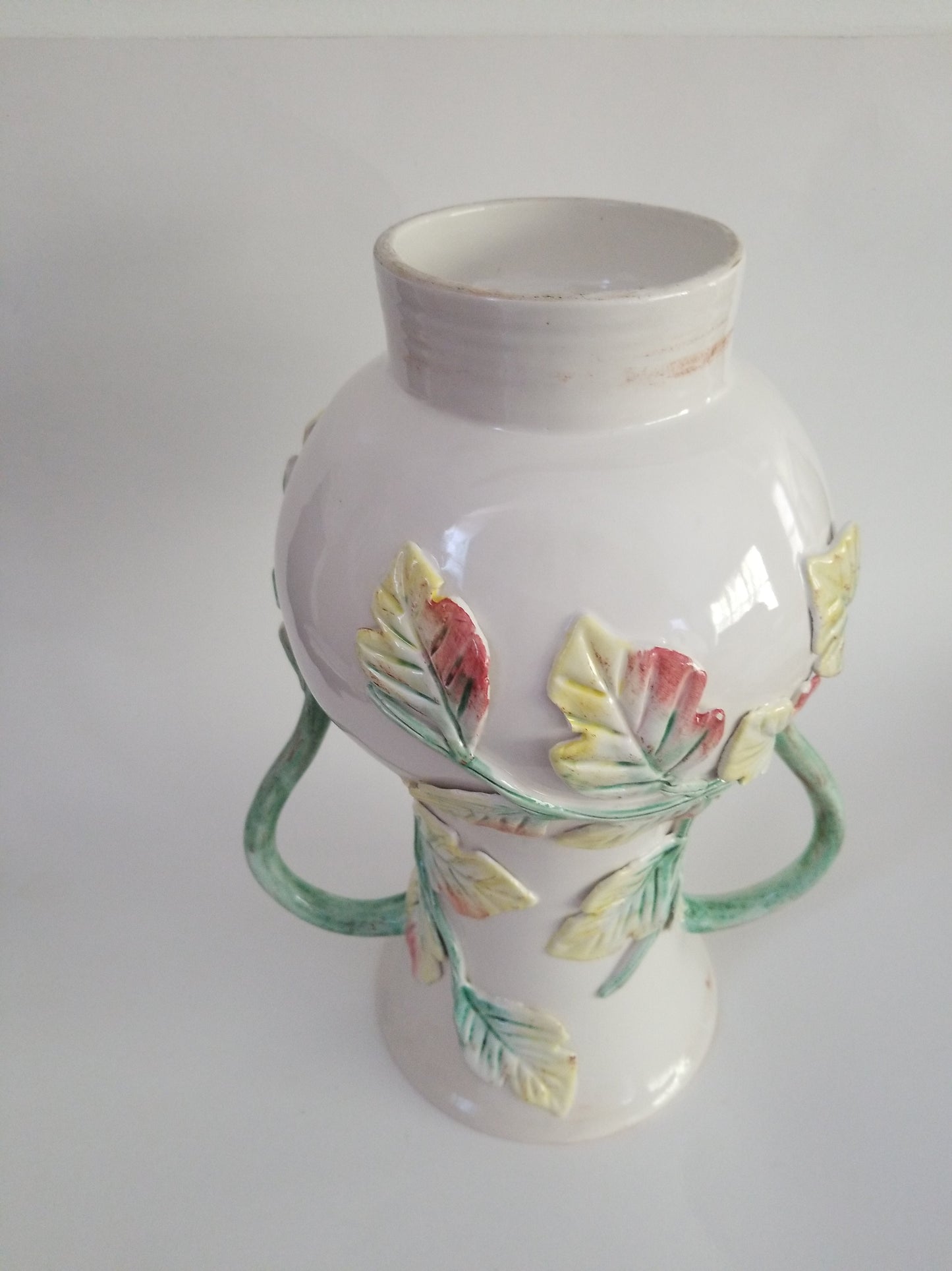 Pottery vase urn multicolor majolica leaves handpainted large and heavy
