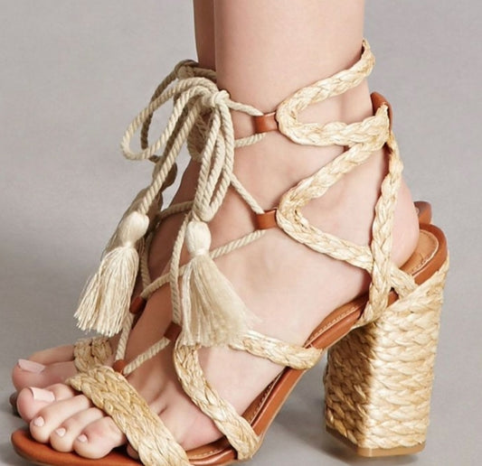 MIA women's raffia strappy sandals with chunky heels 