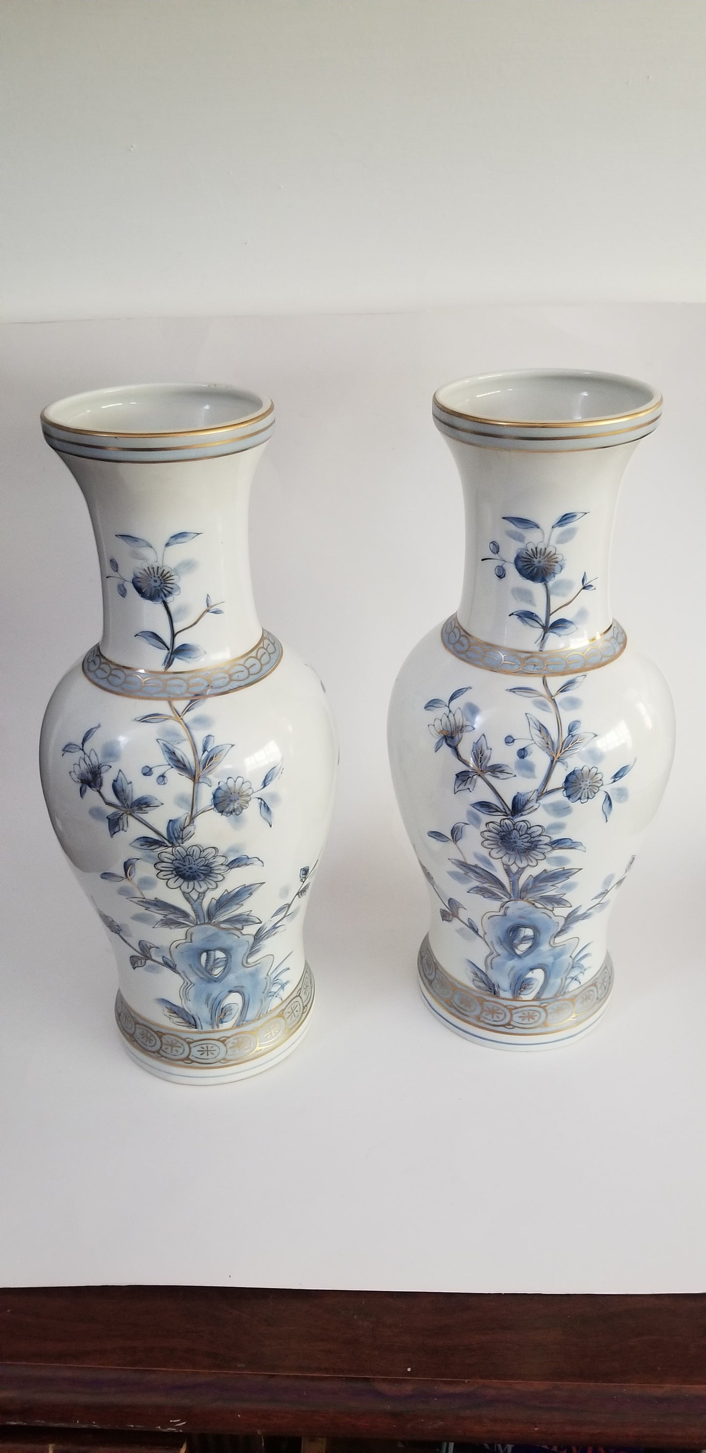 Andrea by Sadek two blue and white vases baluster porcelain floral lotus gold gilt