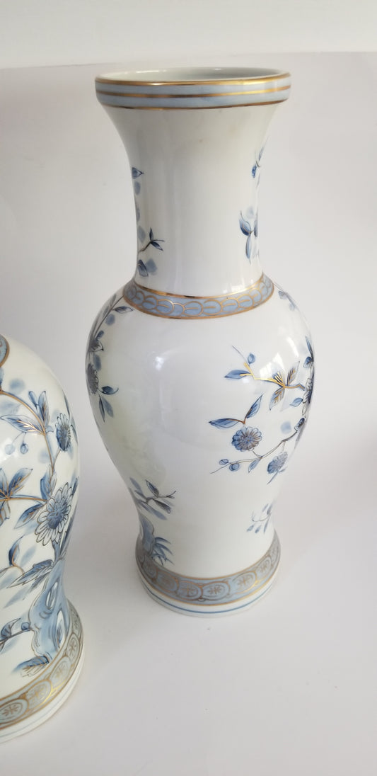 Andrea by Sadek two blue and white vases baluster porcelain floral lotus gold gilt