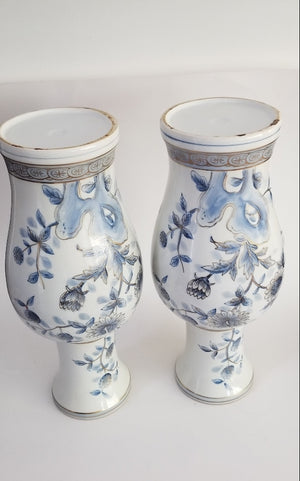 Andrea by Sadek two blue and white vases baluster porcelain floral lotus gold gilt